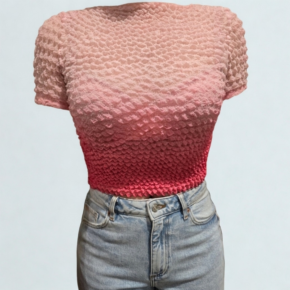 Y2K Pink Stretch Lightweight Popcorn Short-Sleeve Top